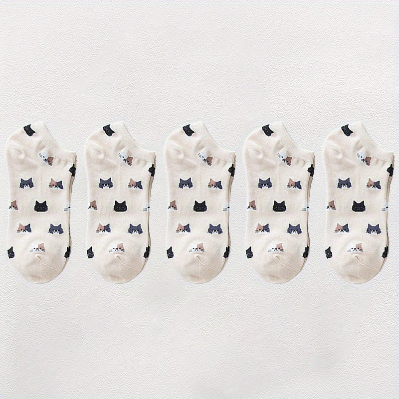 10 Pairs Cartoon Cat Print Socks Low Cut Ankle Socks Women's Stockings