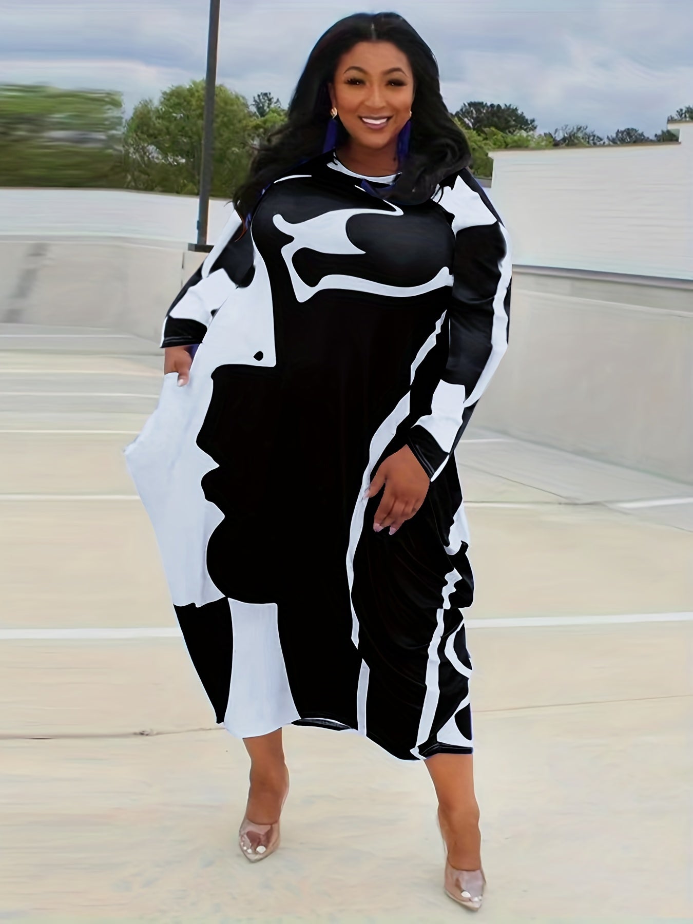  Abstract Print Long Sleeve Baggy Dress