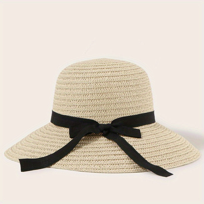 Wide Brim Straw Sun Hat with Ribbon Bowknot Decoration