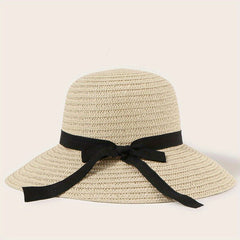 Wide Brim Straw Sun Hat with Ribbon Bowknot Decoration