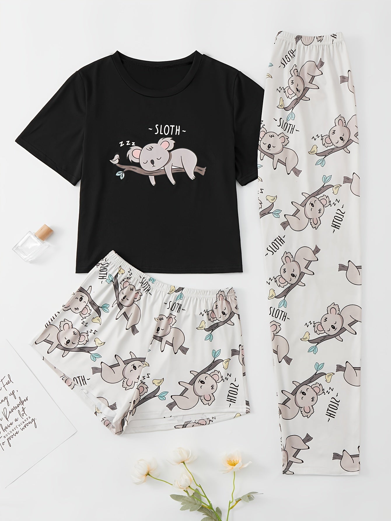 Sloth Print Pajama Set Short Sleeve Crew Neck Top & Shorts Women's Sleepwear