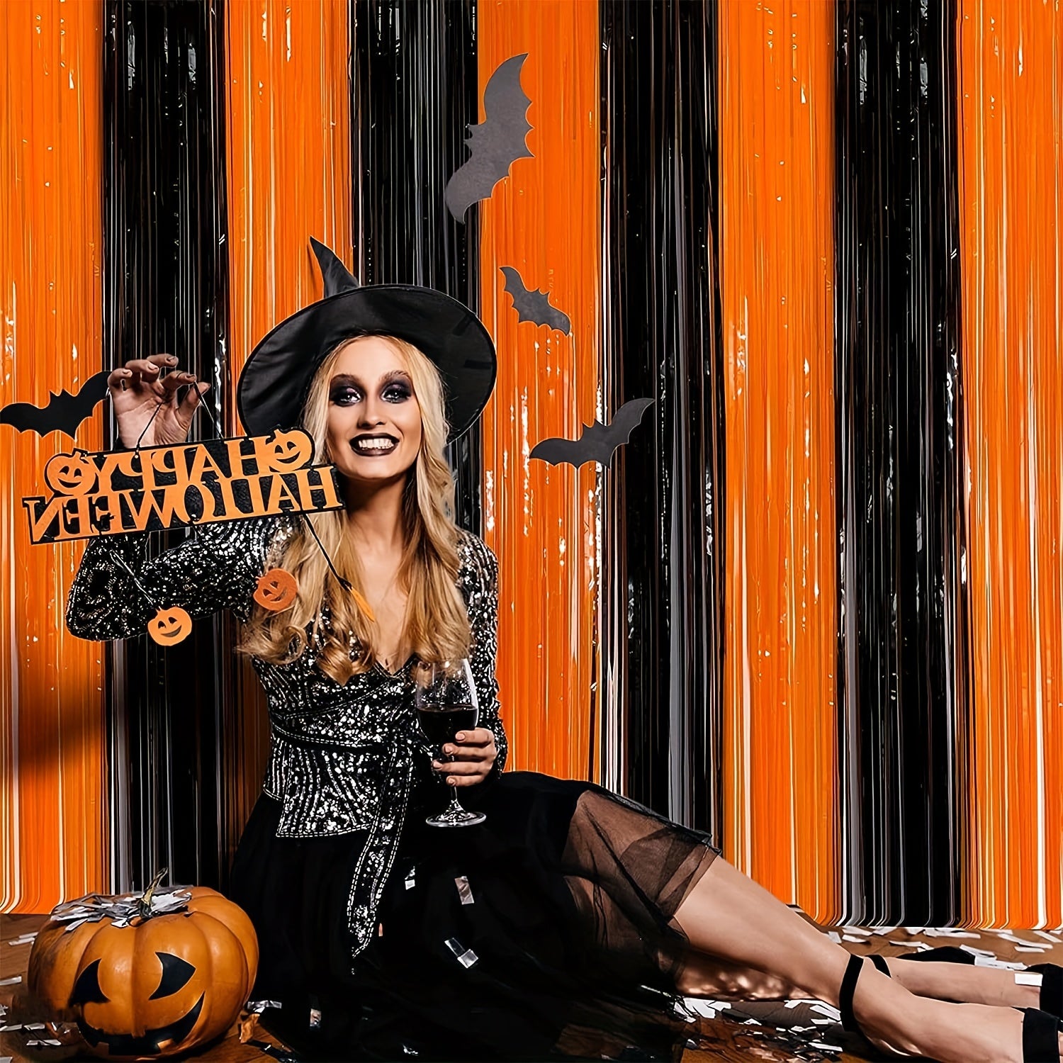 Halloween Foil Fringe Curtain & Orange Tinsel Decoration 100x200cm
