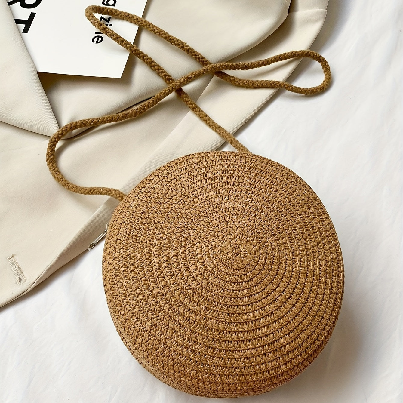 Straw Round Beach Crossbody Bag Solid Casual Summer Woven Handbag