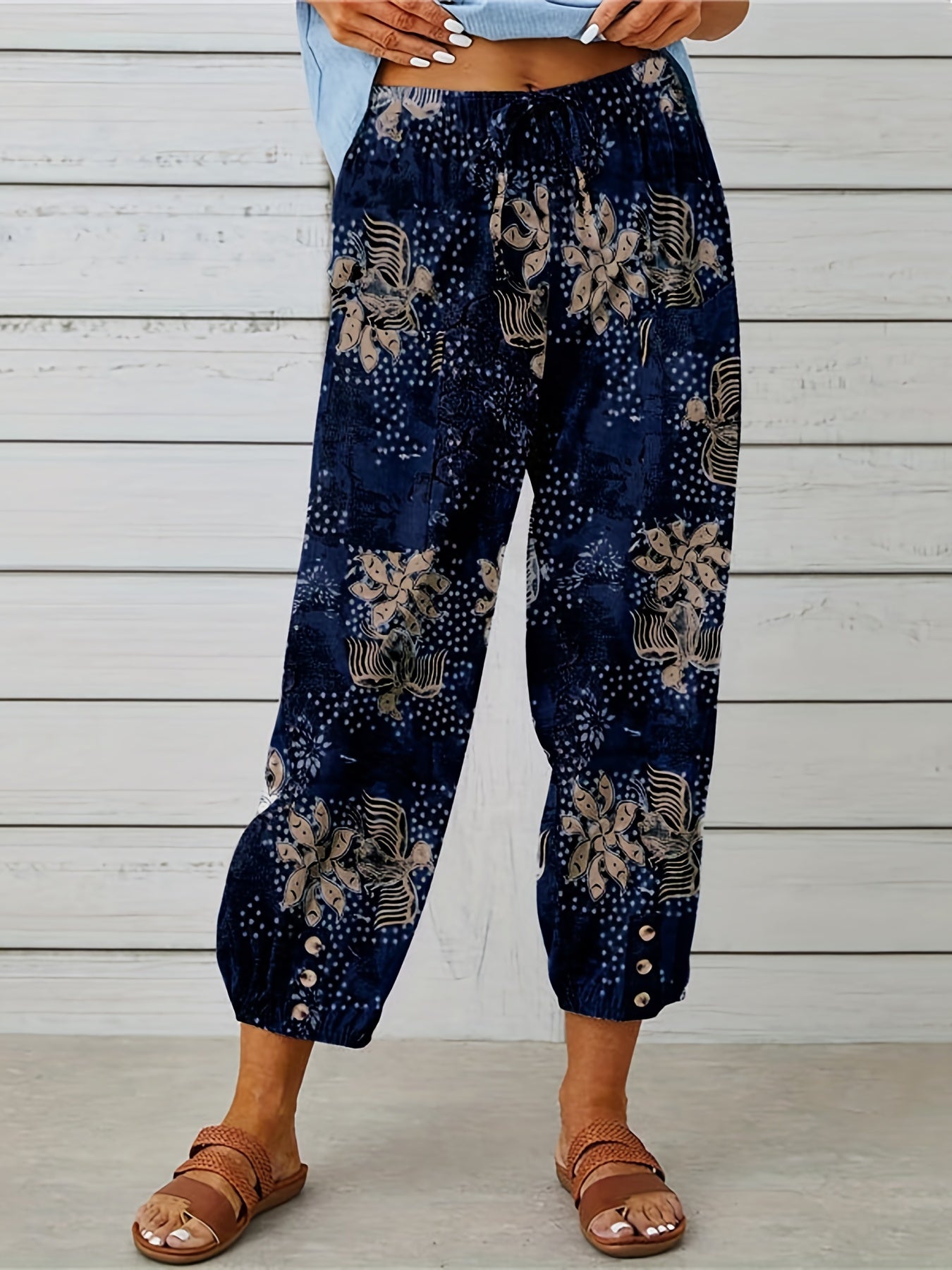 Abstract Print Cropped Pants Casual Drawstring Elastic Wais Pants
