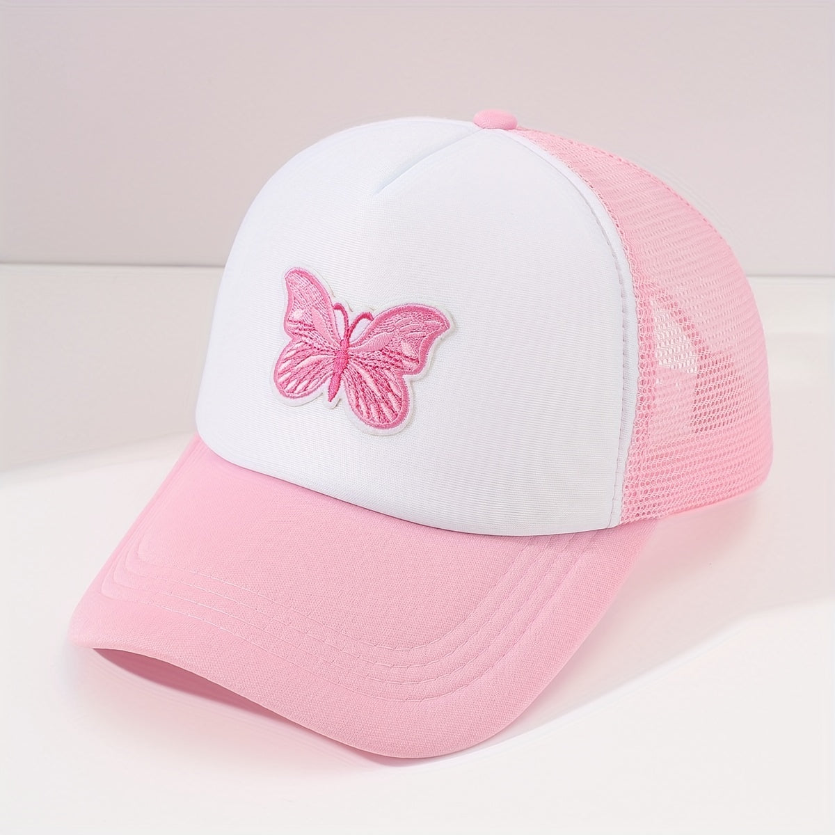 Butterfly Embroidery Pink Trucker Hat Cartoon Block Mesh Baseball Cap