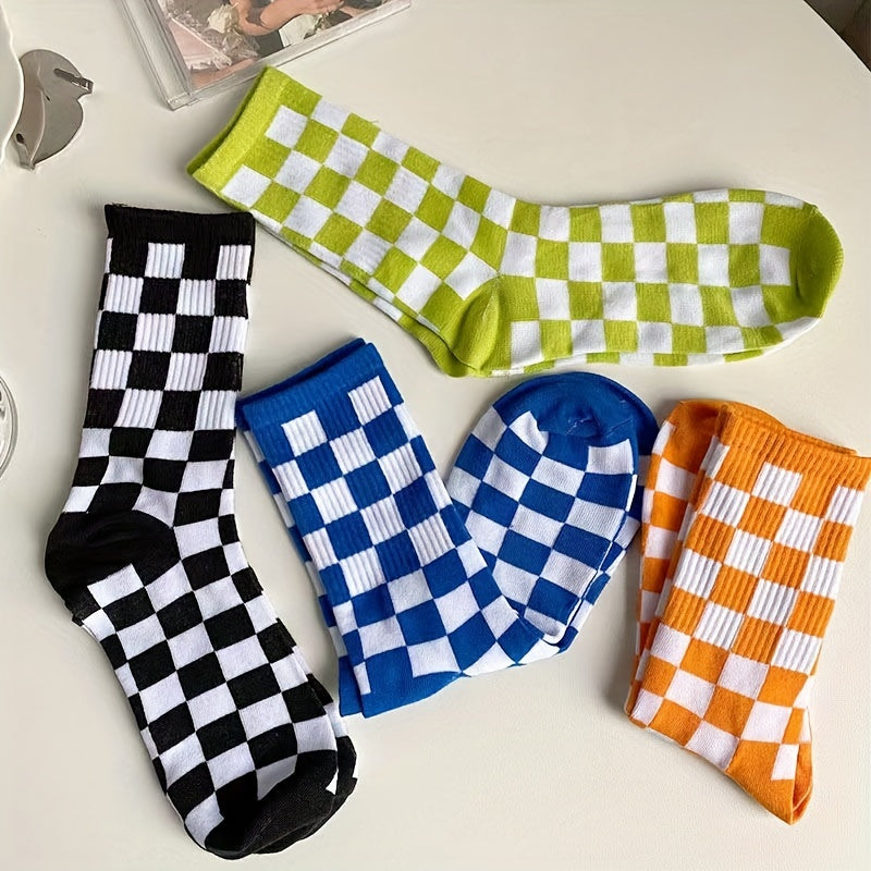 4 Pairs Plaid Crew Socks Breathable Women's Stockings