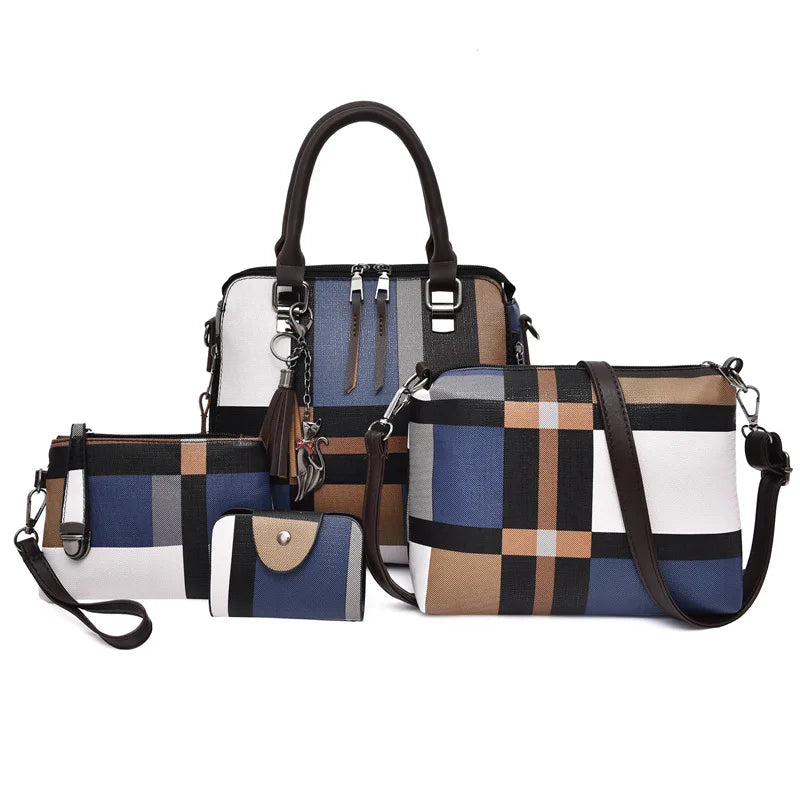 4PCS Women's Bag Set PU Leather Grid Print Handbag Shoulder Wal