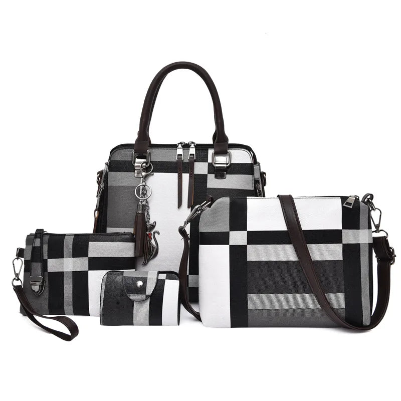 4PCS Women's Bag Set PU Leather Grid Print Handbag Shoulder Wal