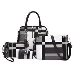 4PCS Women's Bag Set PU Leather Grid Print Handbag Shoulder Wal