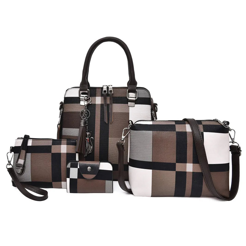 4PCS Women's Bag Set PU Leather Grid Print Handbag Shoulder Wal