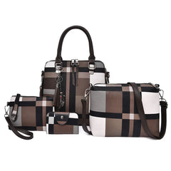 4PCS Women's Bag Set PU Leather Grid Print Handbag Shoulder Wal