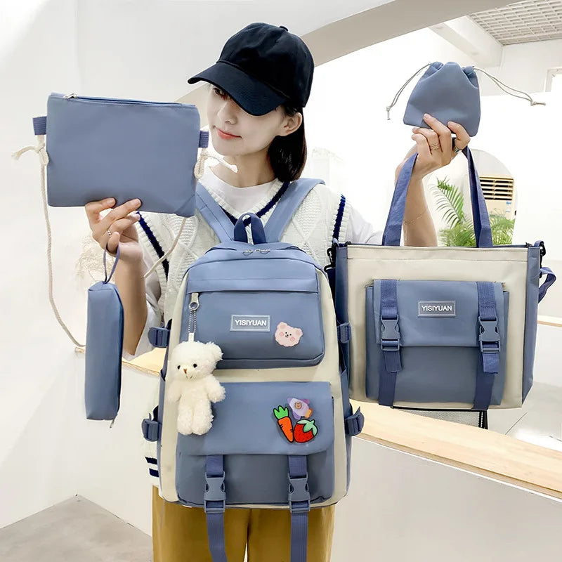 4Pcs Student Canvas Backpack Set Anti Theft Handbags Shoulder Bag School Bags
