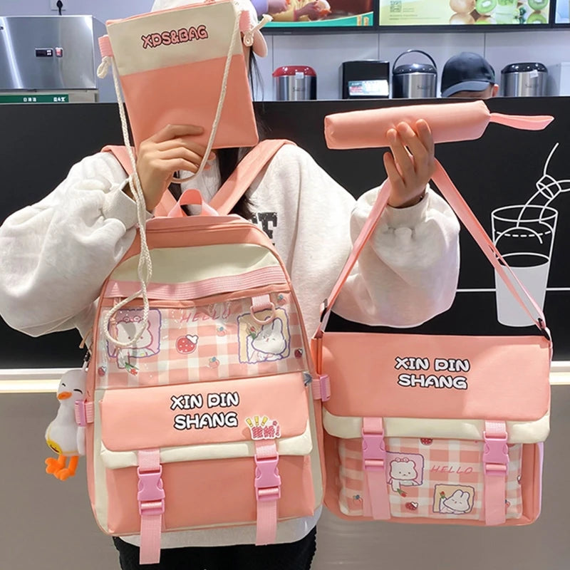 4Pcs Waterproof Nylon Backpack Girl School Bag Lovely Pendant Pin Mini Backpack