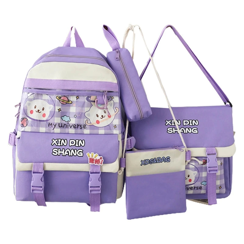 4Pcs Waterproof Nylon Backpack Girl School Bag Lovely Pendant Pin Mini Backpack