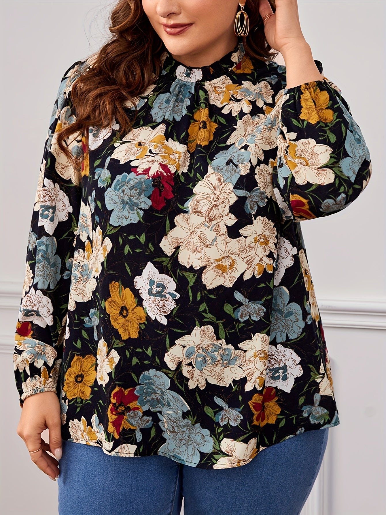  Floral Print Ruffle Trim Lantern Sleeve Blouse