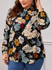  Floral Print Ruffle Trim Lantern Sleeve Blouse