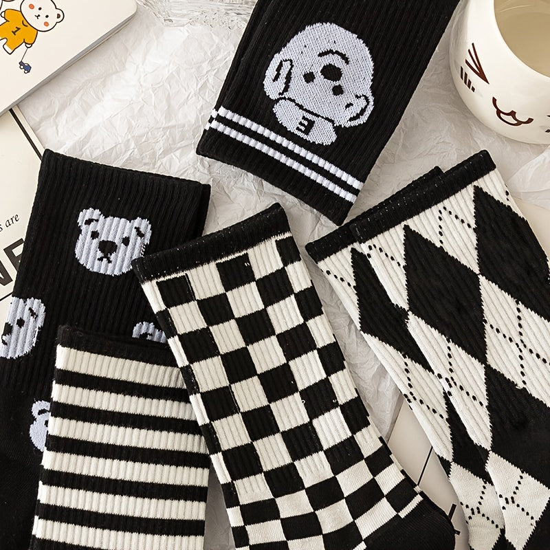 5 Pairs Bear & Paw Print Mid Tube Socks Women's Stockings