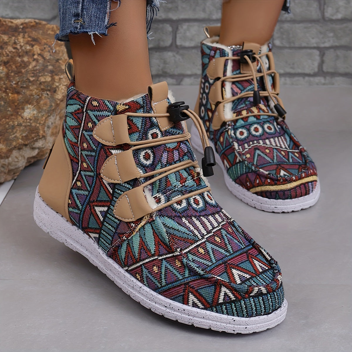 Retro Floral Pattern Round Toe Thickened Warm Autumn And Winter Boots