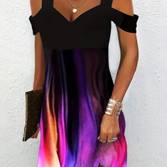  Colorblock Ombre Print Cold Shoulder Dress