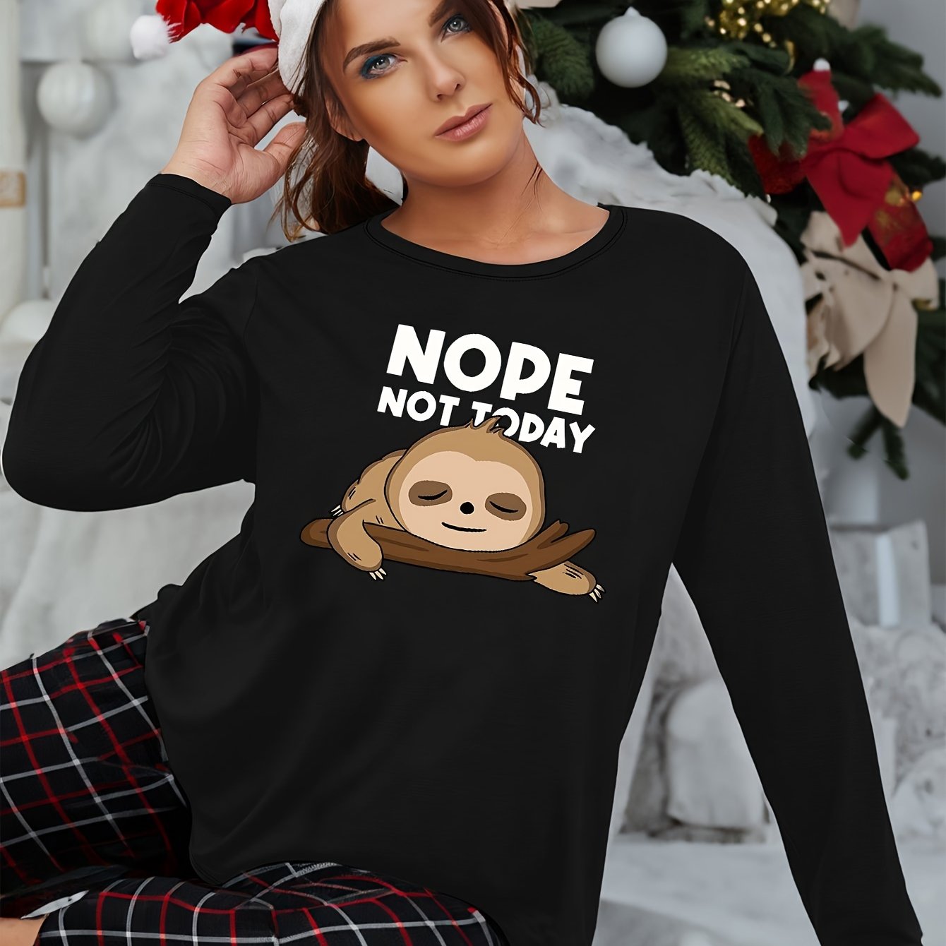  Cartoon Sloth Print Long Sleeve Sleepwear Tee