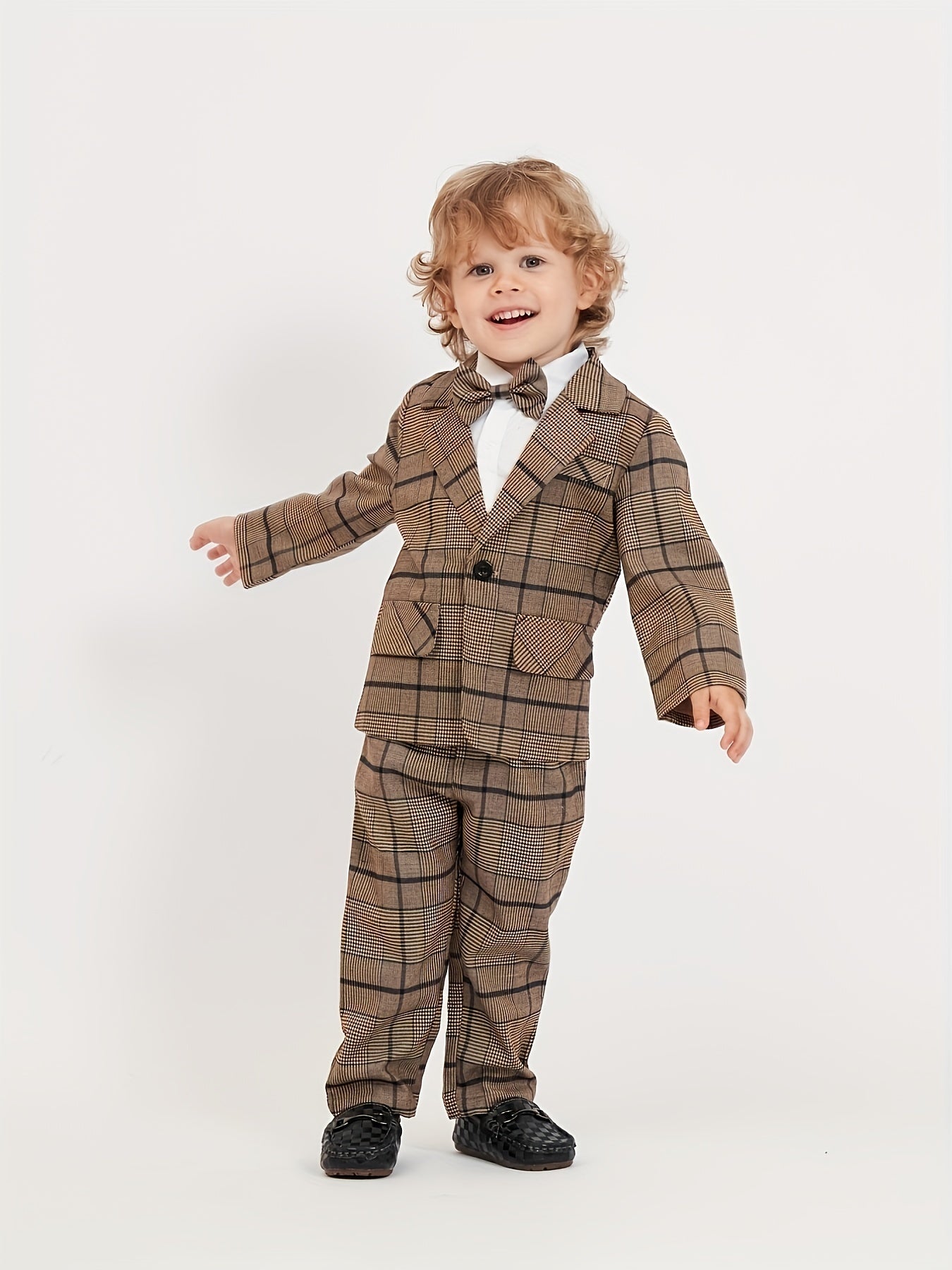 Plaid Blazer Jacket Trousers Bow Tie Set Boys Spring Fall Clothes
