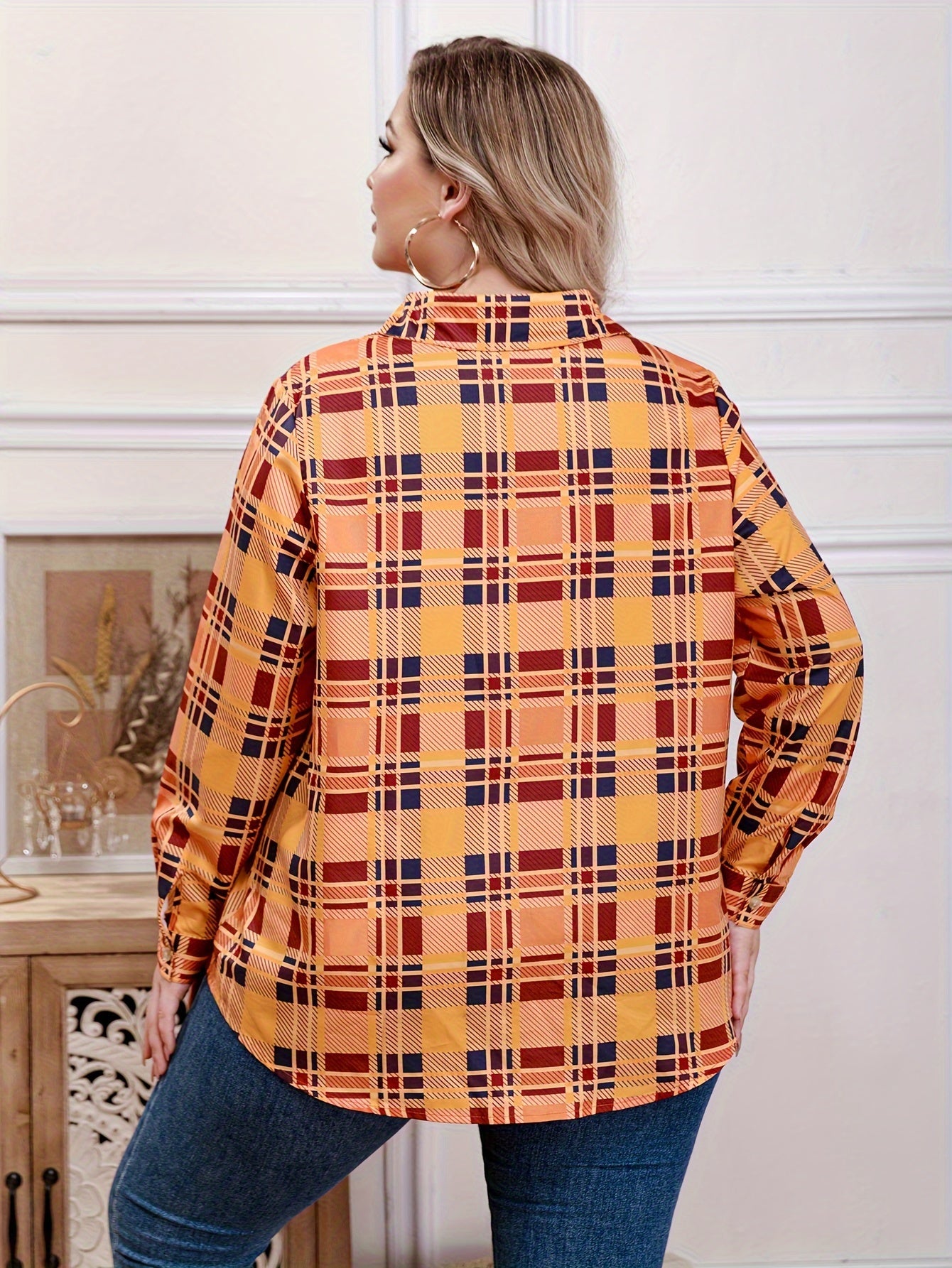  Plaid Print Button Up Long Sleeve Blouse