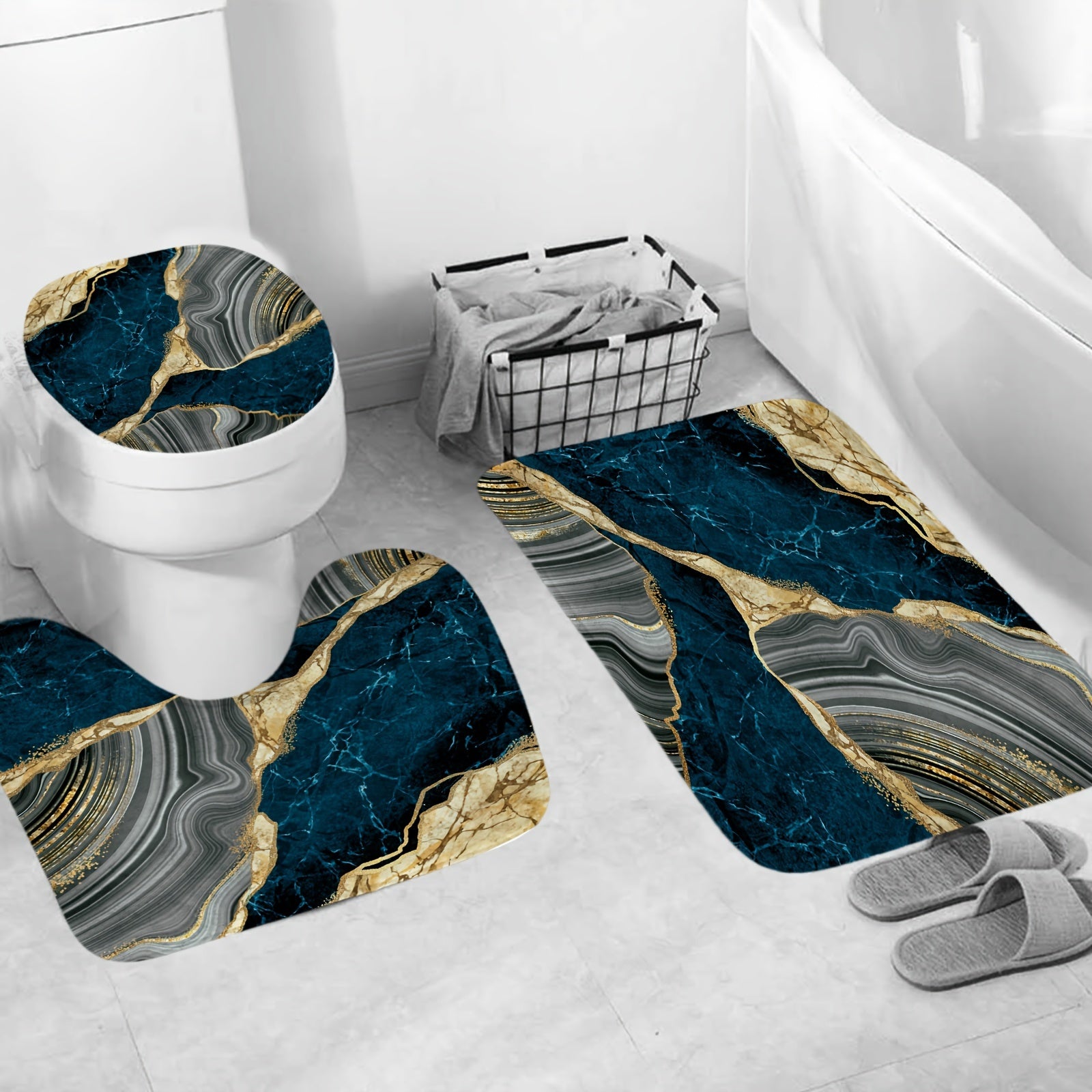 Marble Shower Curtain Set Abstract Waterproof Fabric Bathroom Tub Decor
