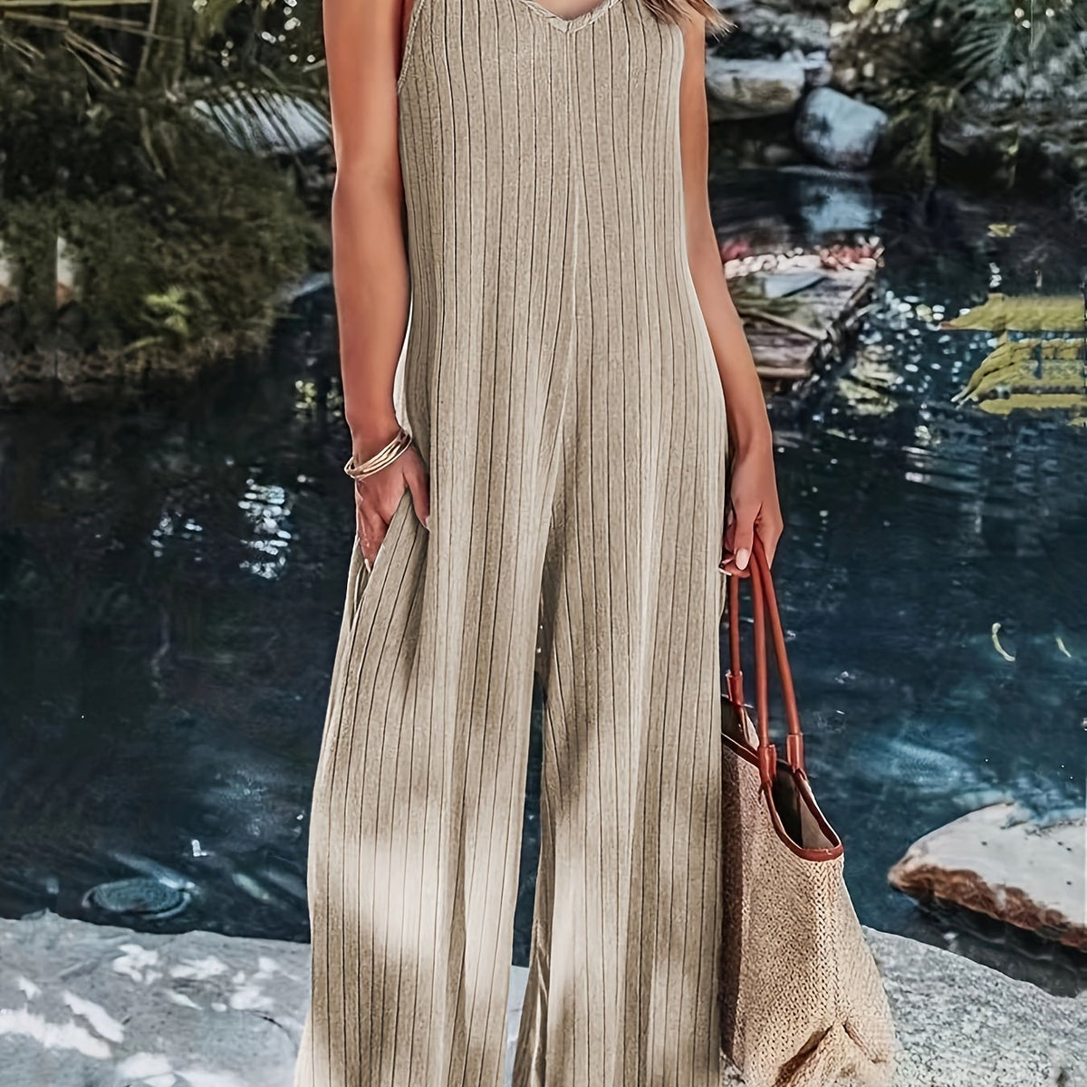  Ribbed V Neck Wide Leg Jumpsuit With Pockets