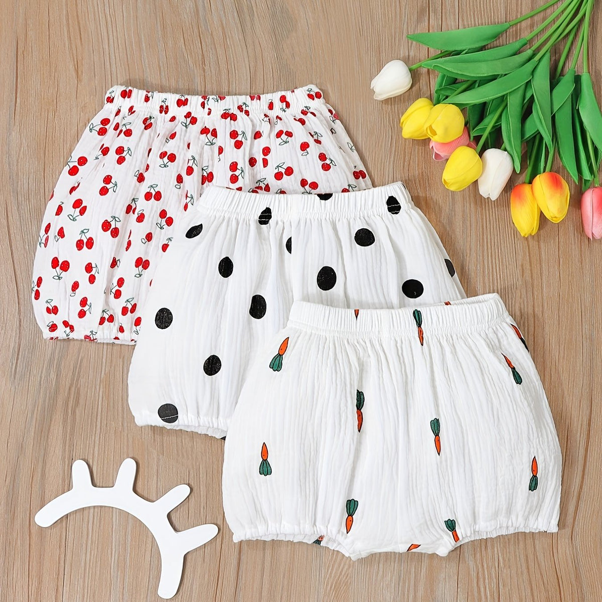 3pcs Print Baby Girl's Shorts Bread Pants Comfy Shorts
