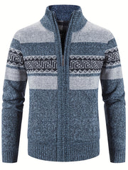 Geometric Pattern Stand Collar Cardigan Men's Zip Up Jacket