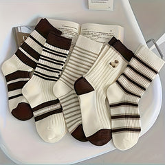 5 Pairs Striped Crew Socks Comfy & Mid Tube Women's Stockings