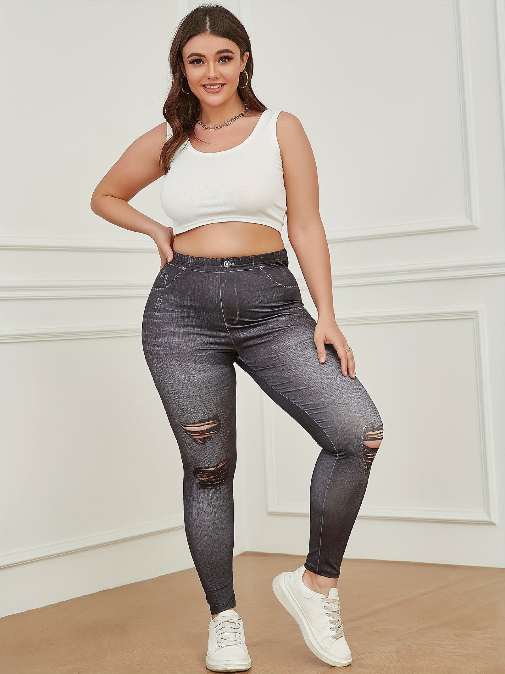 Faux Denim Floral Leggings High Waist Yoga Pants