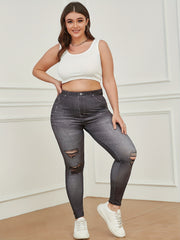 Faux Denim Floral Leggings High Waist Yoga Pants