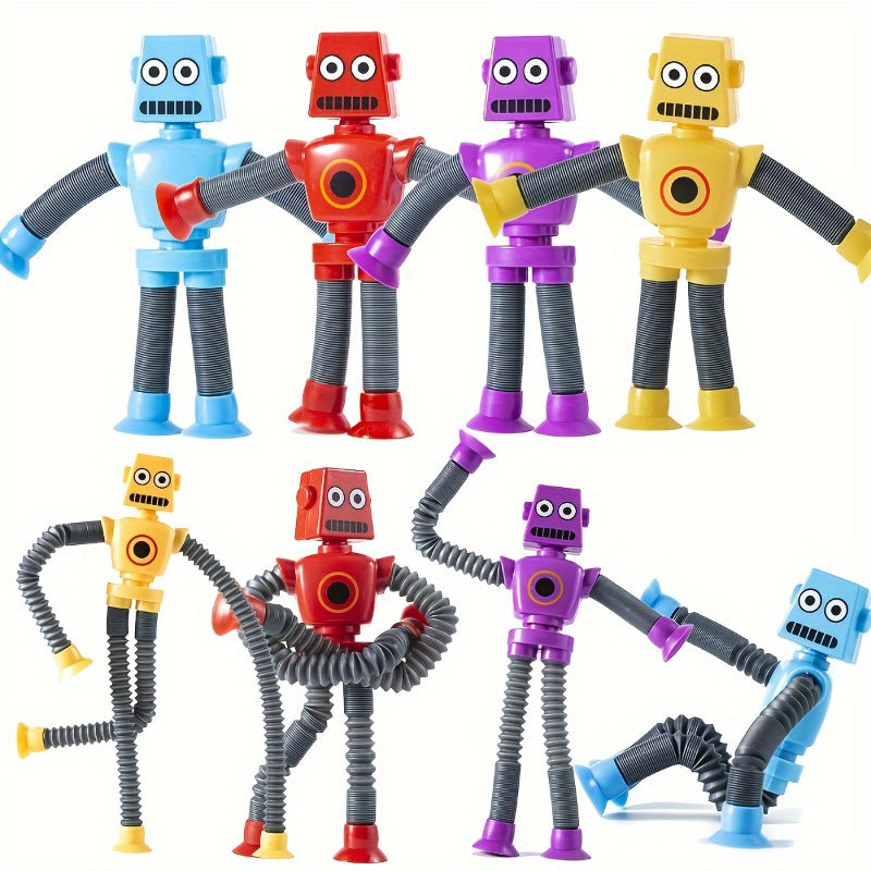 4 Pack FlexiFun Robot Toy Set Durable Suction Cup Hands Assorted Colors