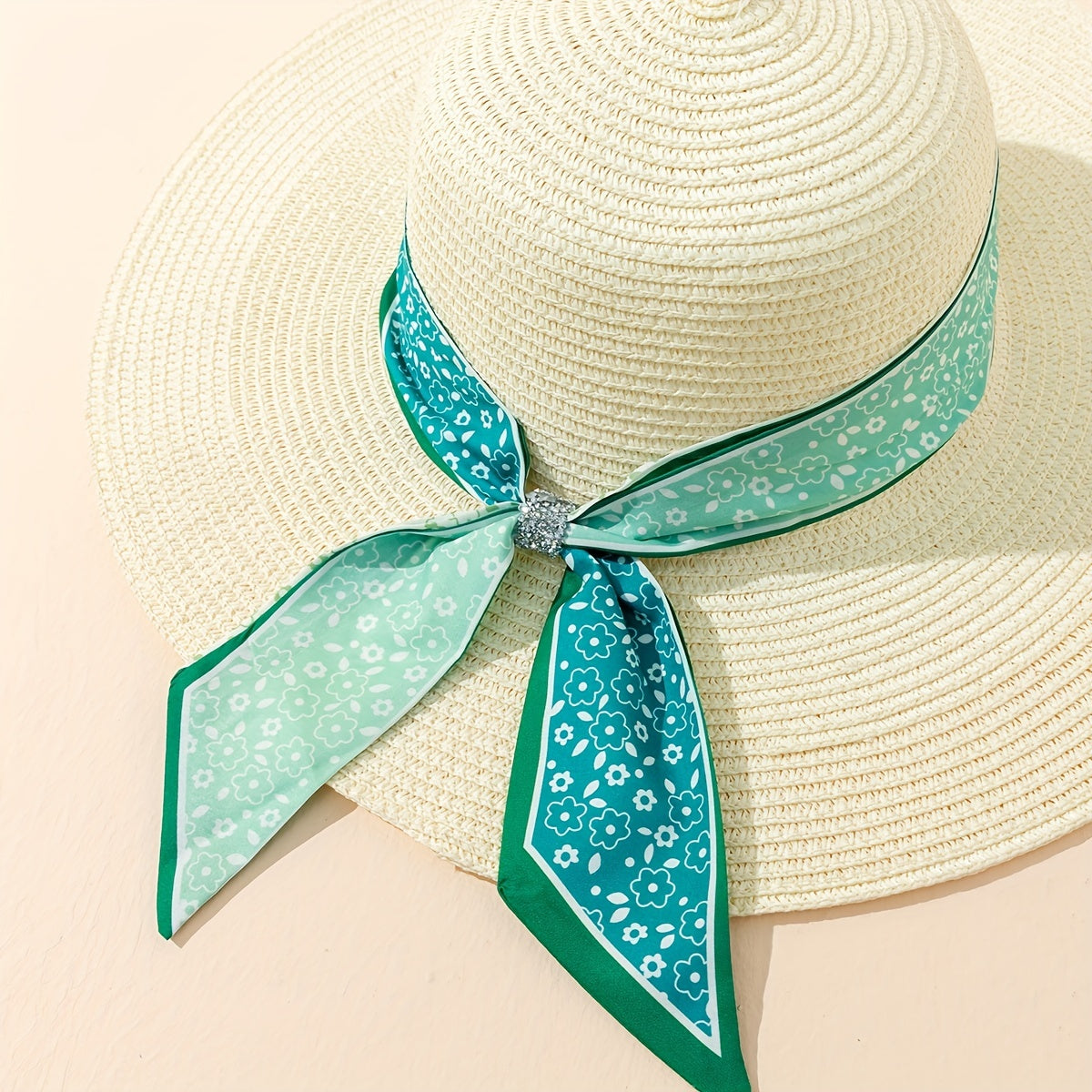 Green Floral Ribbon Decor Sun Hat Boho Beige Wide Brim Straw Hats For Women