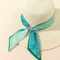 Green Floral Ribbon Decor Sun Hat Boho Beige Wide Brim Straw Hats For Women