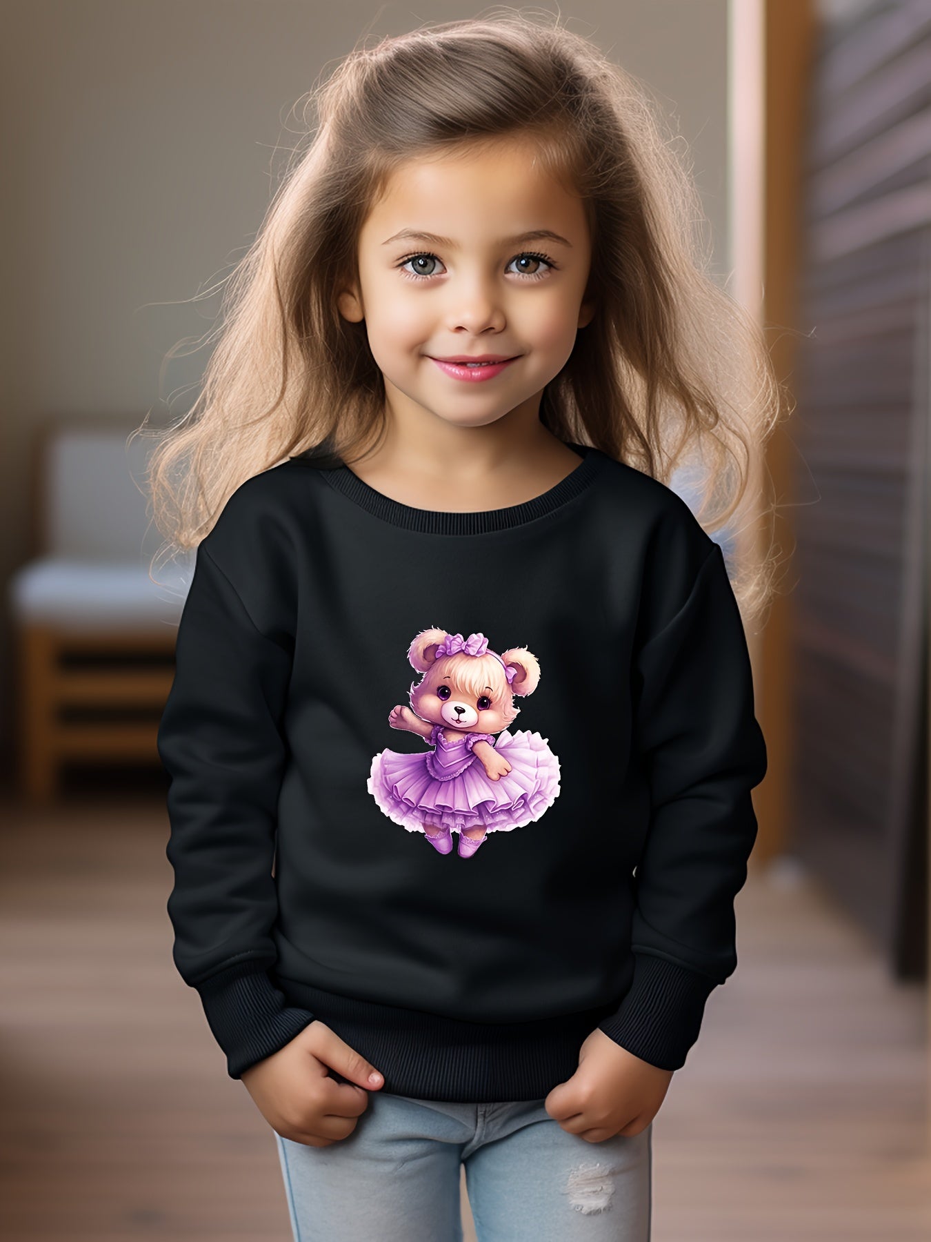 Girls Bear Pattern Crew Neck Sweatshirt For Spring Fall Christmas Gift