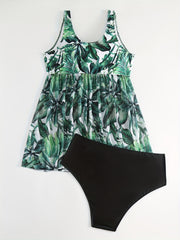  Vacay Tankini Set Women's Plus Tropical Print Round Neck