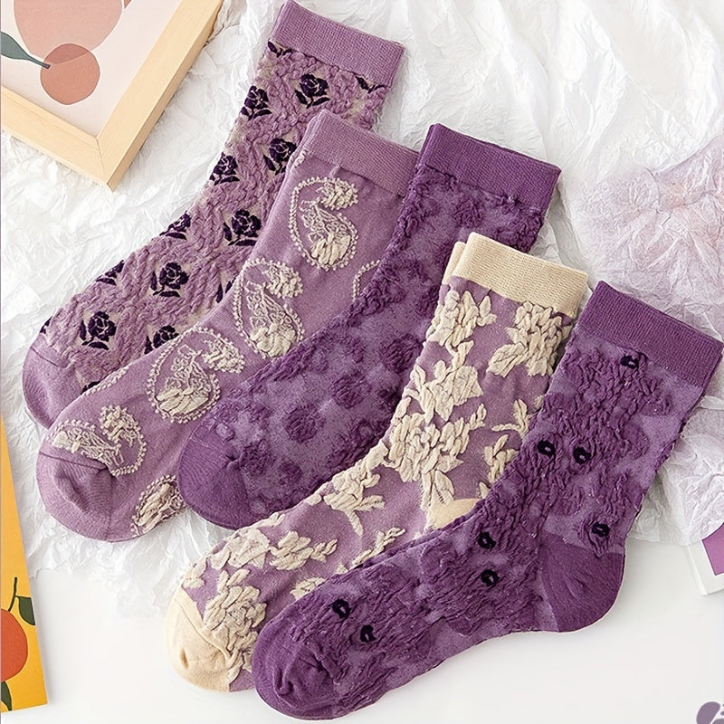 Retro Style Floral Print Socks for Women - Pack of 10