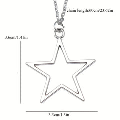 Silver Big Star Pendant Necklace 36x33mm Hollow Pentagram Geometric Chain