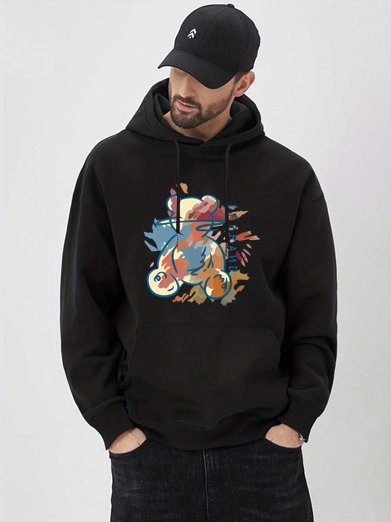 Cartoon Bear Print Hoodie Men's Graphic Pullover Hoodie
