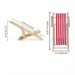 1:12 Scale Wooden Beach Chair w/ Striped Cushions, Foldable Longue Deck Chair