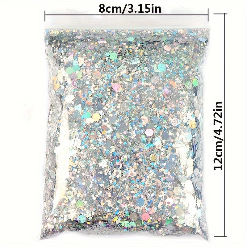 50G Holographic Nail Glitter Sequins Sparkly Laser Flakes Silver Powder Mix