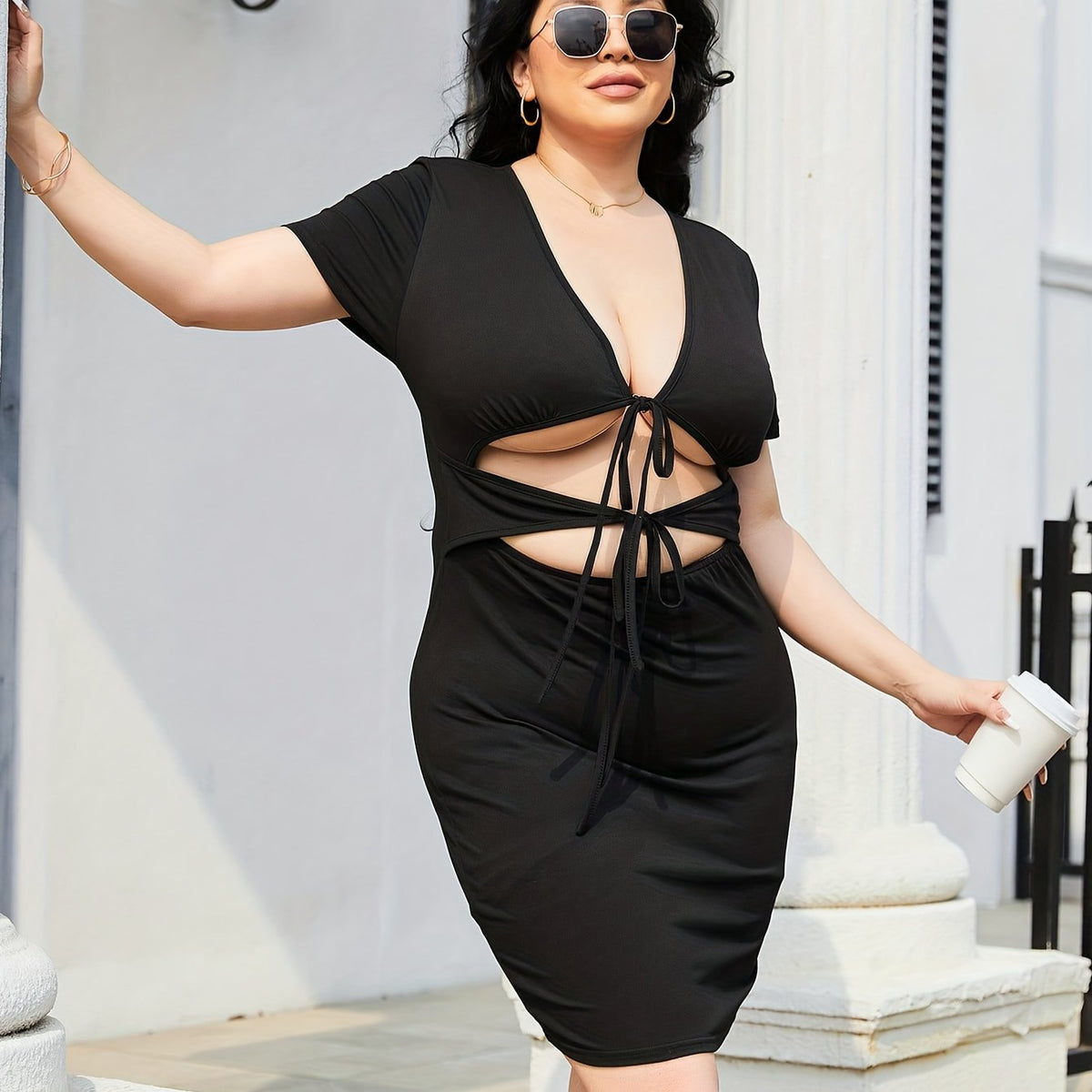  Sexy V Neck Cut Out Tie Front Dress