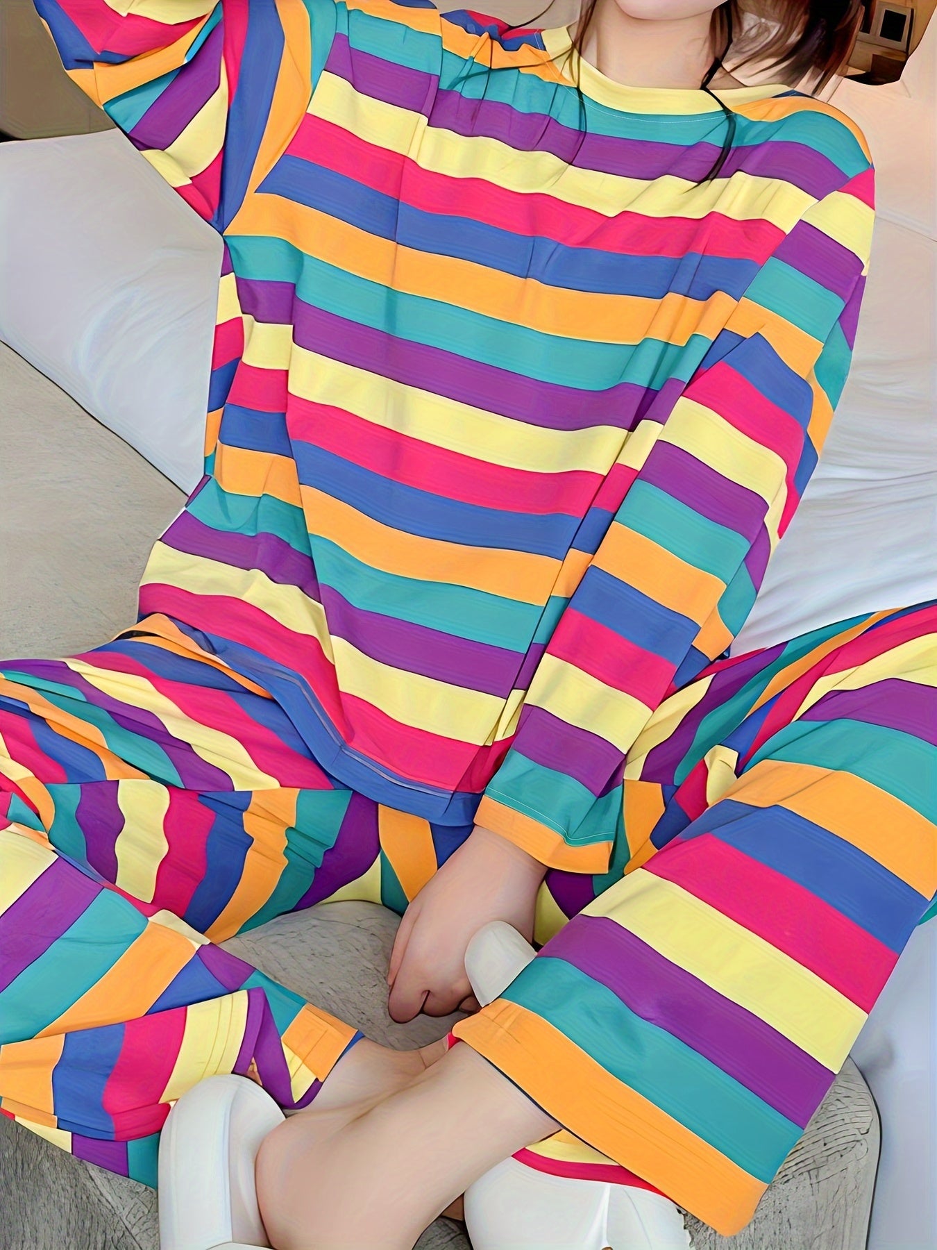 Rainbow Stripe Pajama Set Long Sleeve Top & Lounge Pants Women's Sleepwear