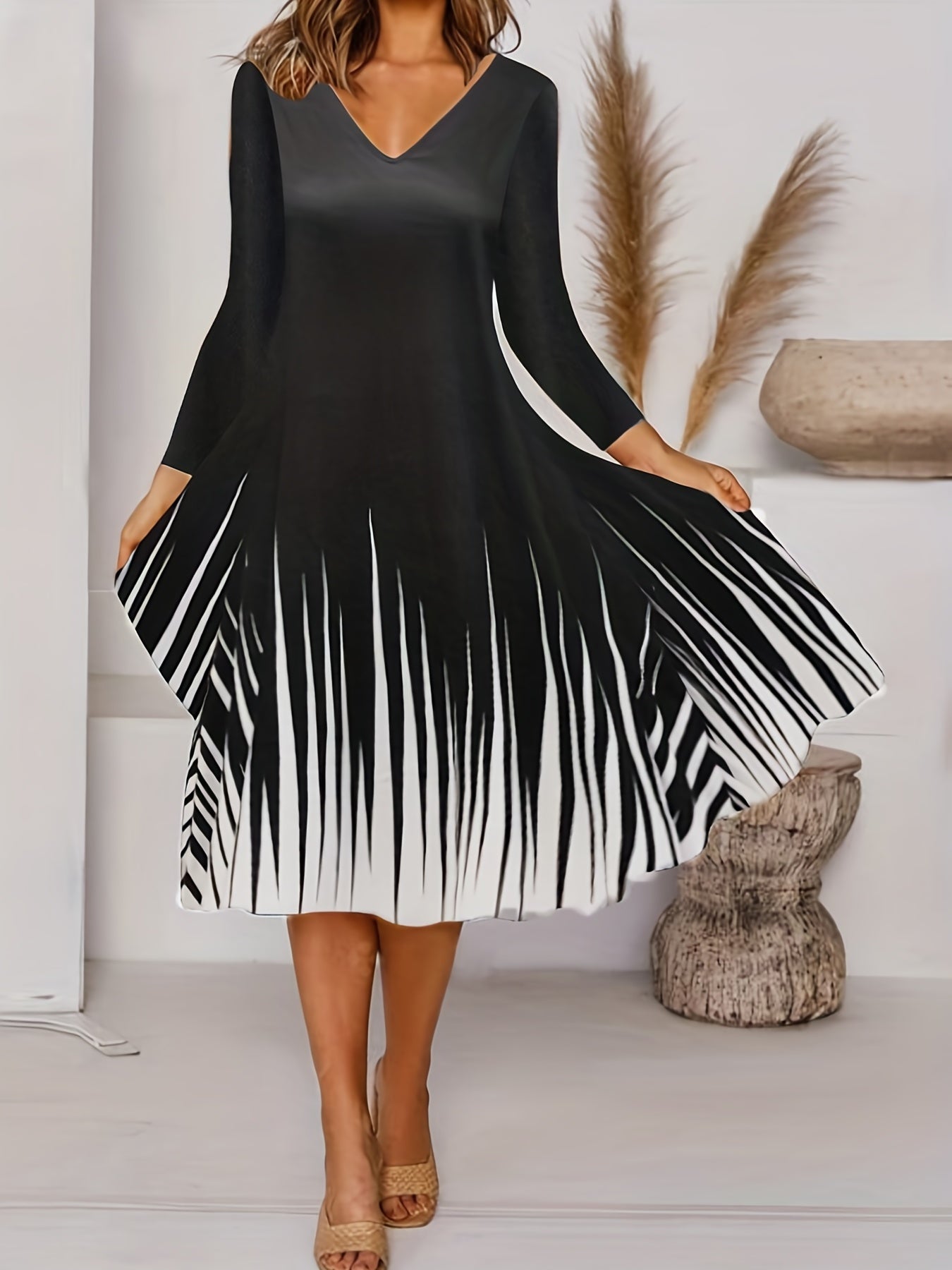  Women Casual Striped Print Long Sleeve V Neck Dress
