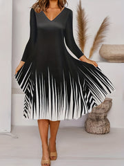  Women Casual Striped Print Long Sleeve V Neck Dress