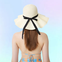 Wide Brim Sun Hat French Style Straw Ribbon Bowknot Travel Beach Hat