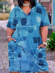 Plus Denim Print V-Neck Short Sleeve Dress with Pockets