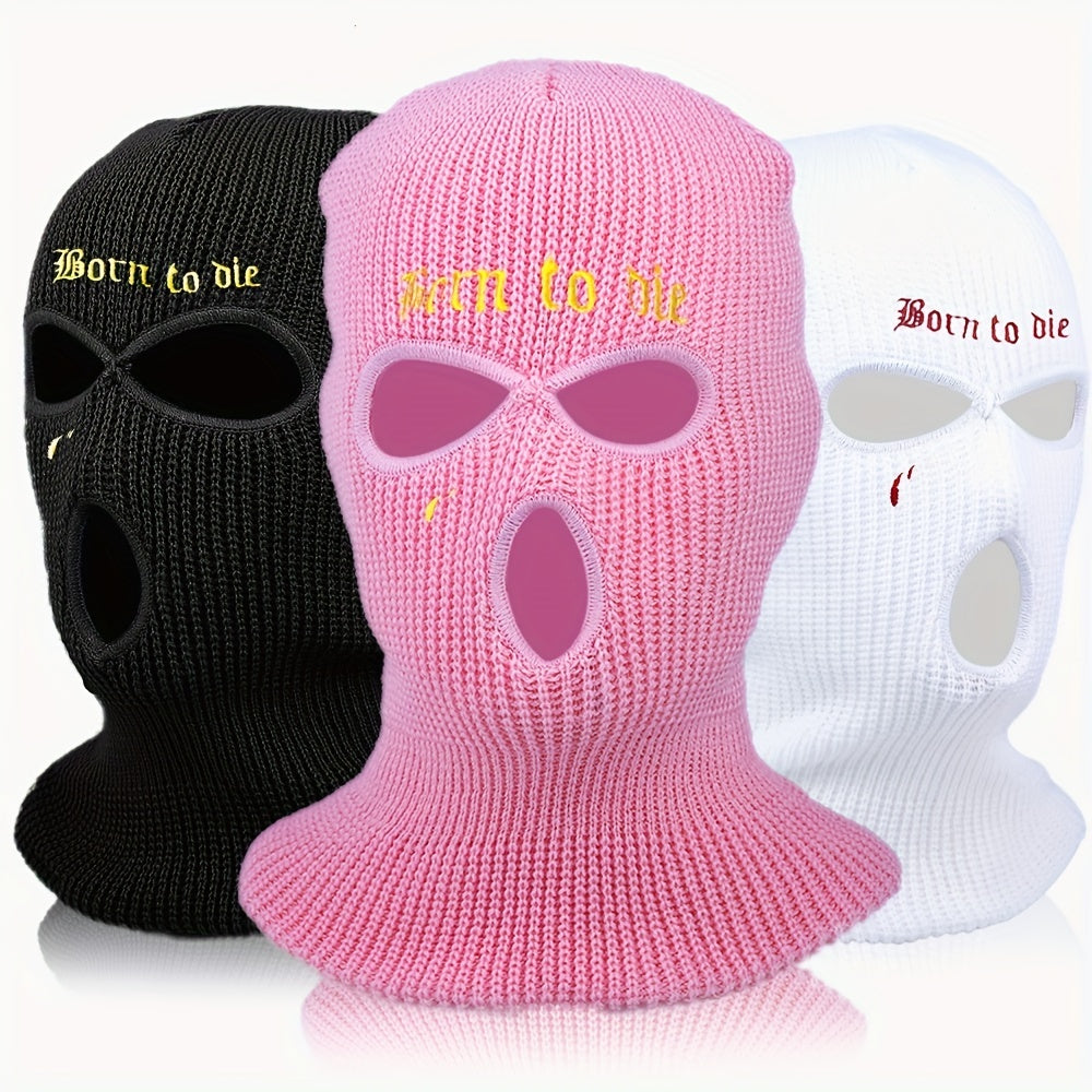 Gothic Letter Embroidery Balaclava 3 Hole Knitted Ski Mask
